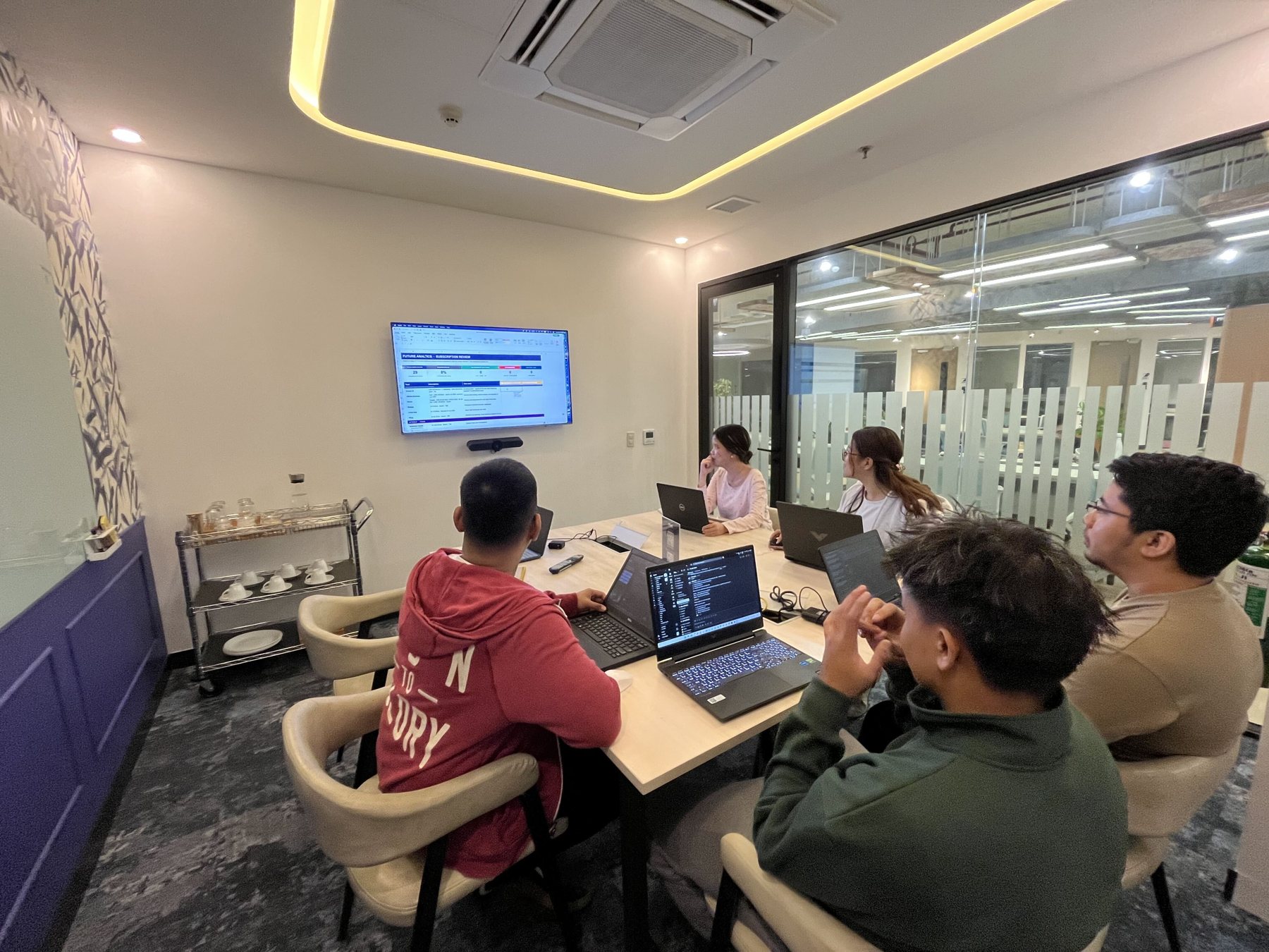 The FutureTeamsPH team reviewing work together on a big screen at the Manila office